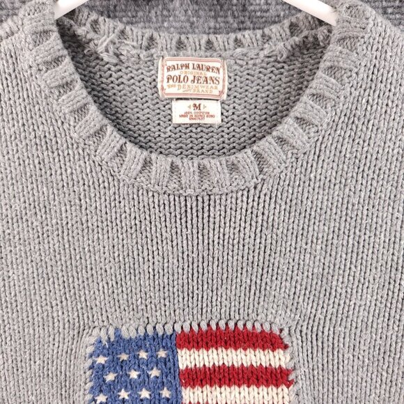 Ralph Lauren Flag Sweater USA Women Medium Gray Cotton Pullover Knit Graphic - Picture 2 of 12
